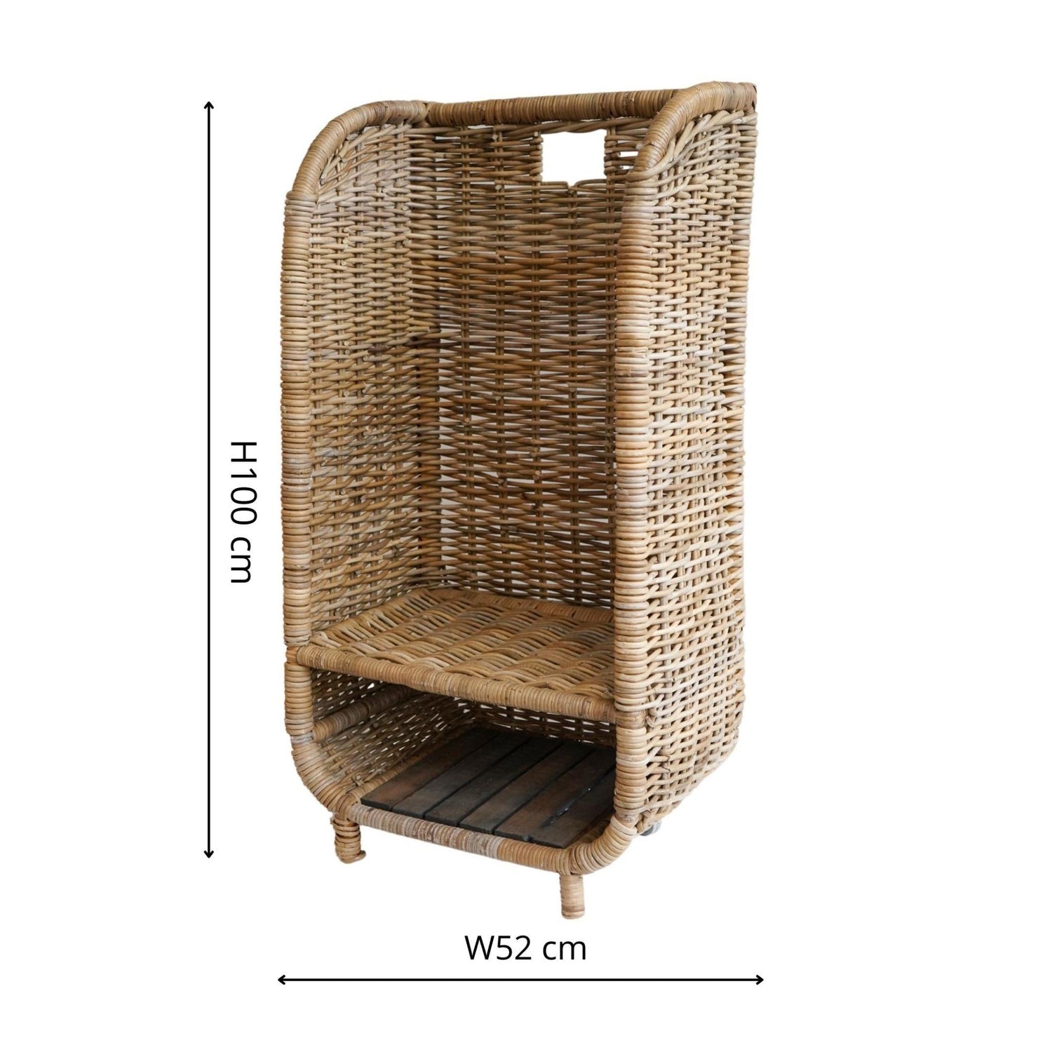Chariot à bûches en rotin naturel avec étagère pour petit bois