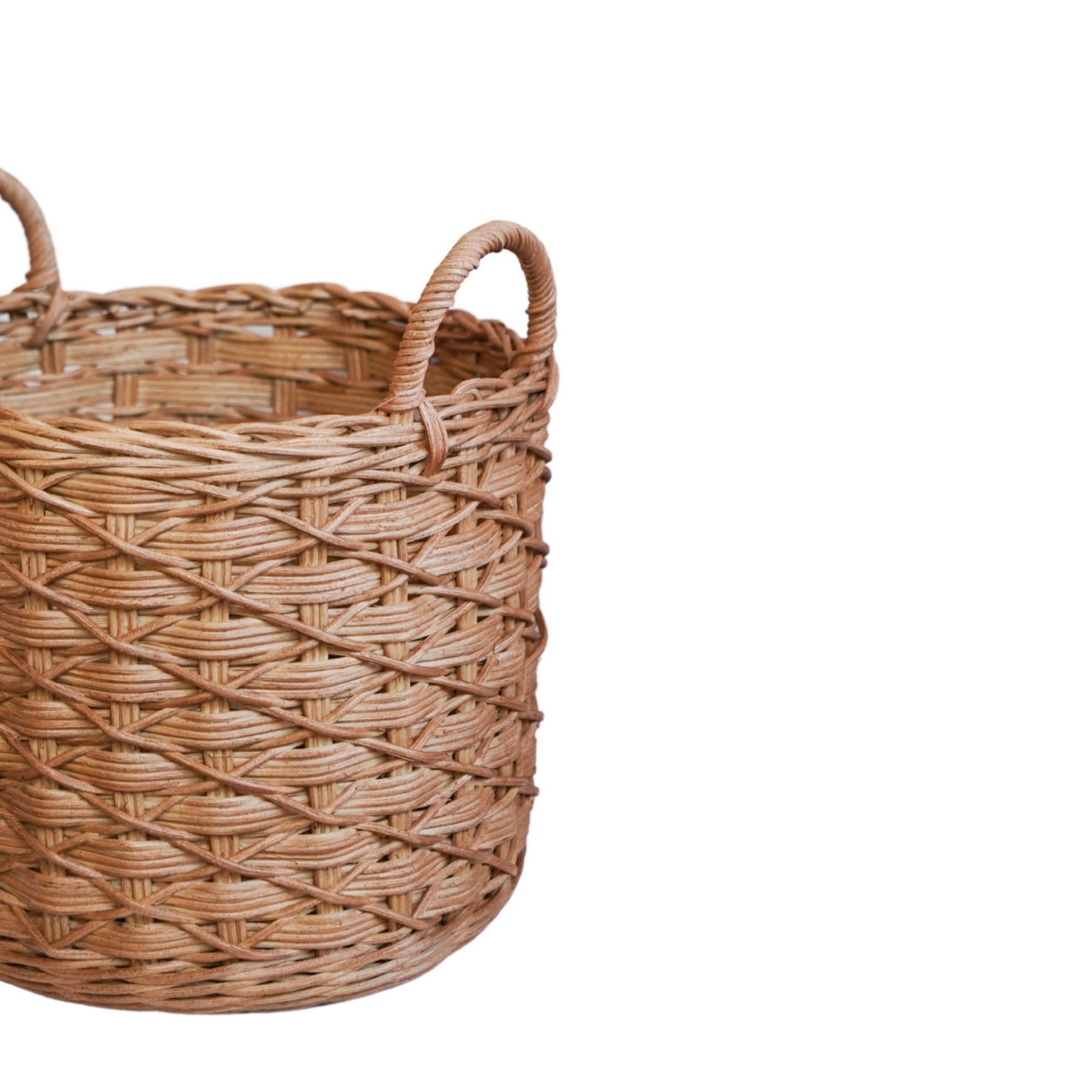 Woven Round Rattan Log Basket with Handles Set of 2