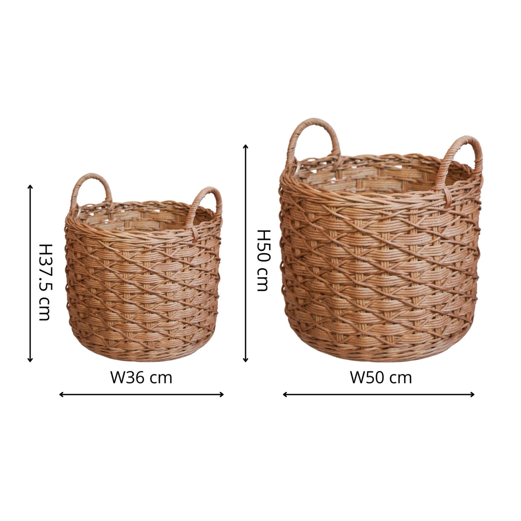 Woven Round Rattan Log Basket with Handles Set of 2