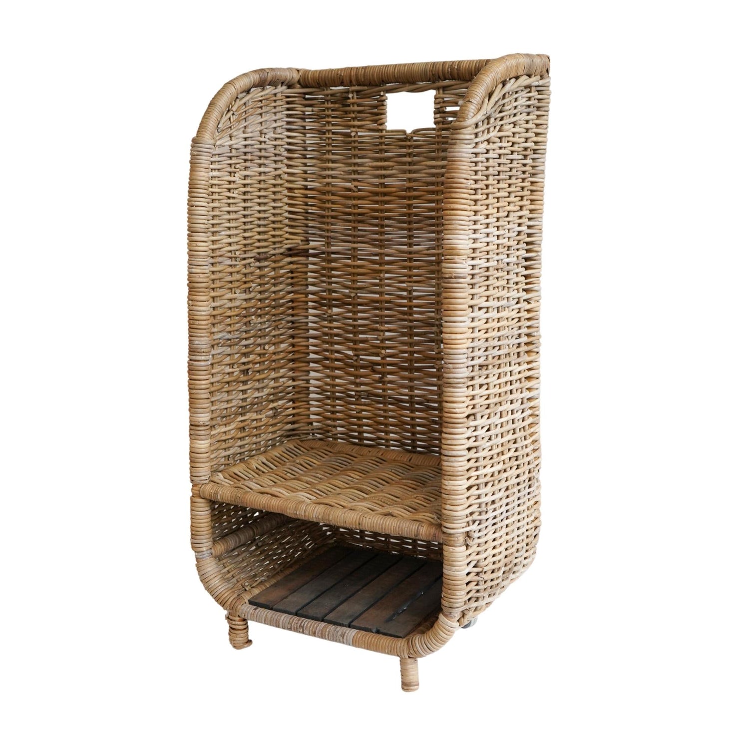 Chariot à bûches en rotin naturel avec étagère pour petit bois