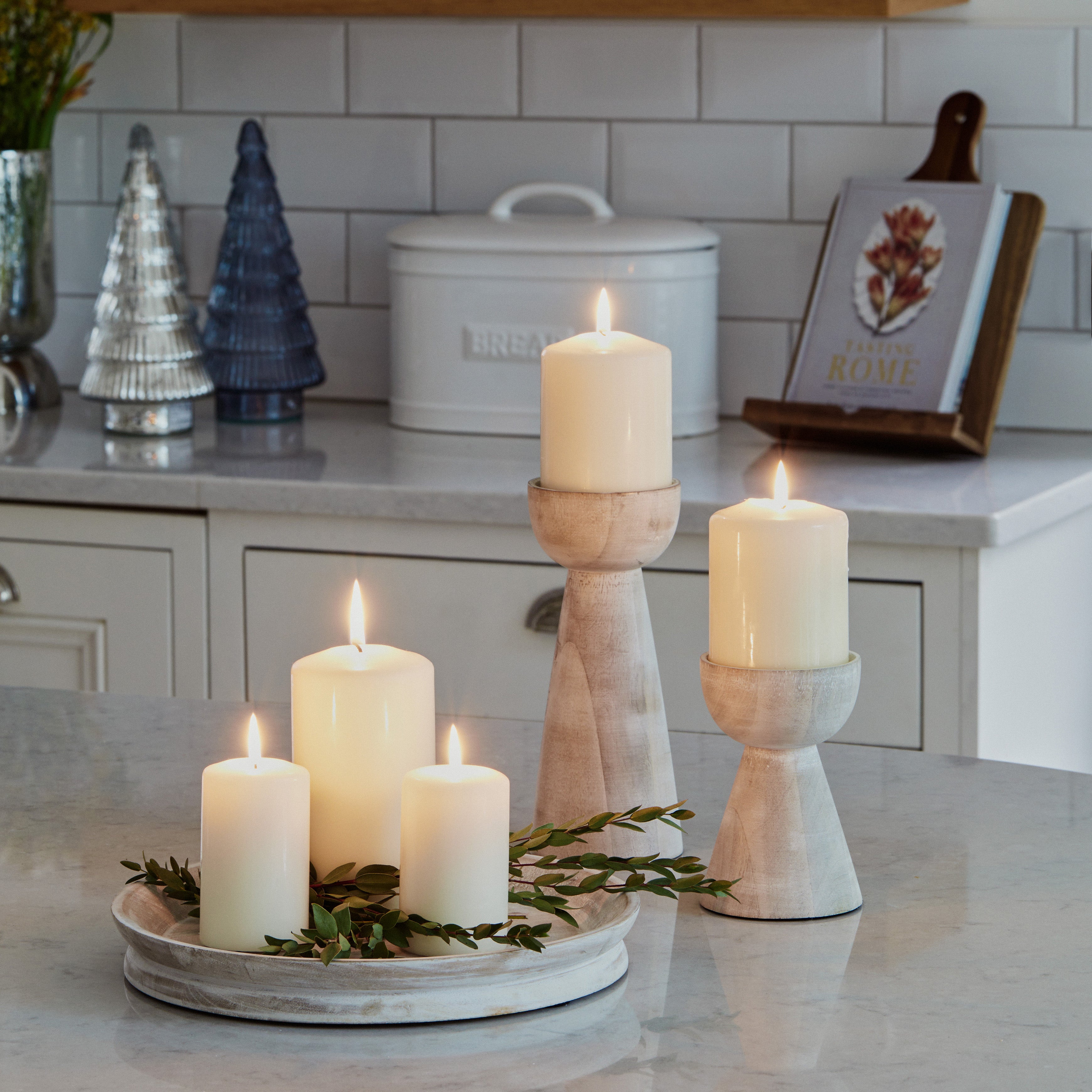 Padstow White Wash Wooden Candle Holders 2 Pack