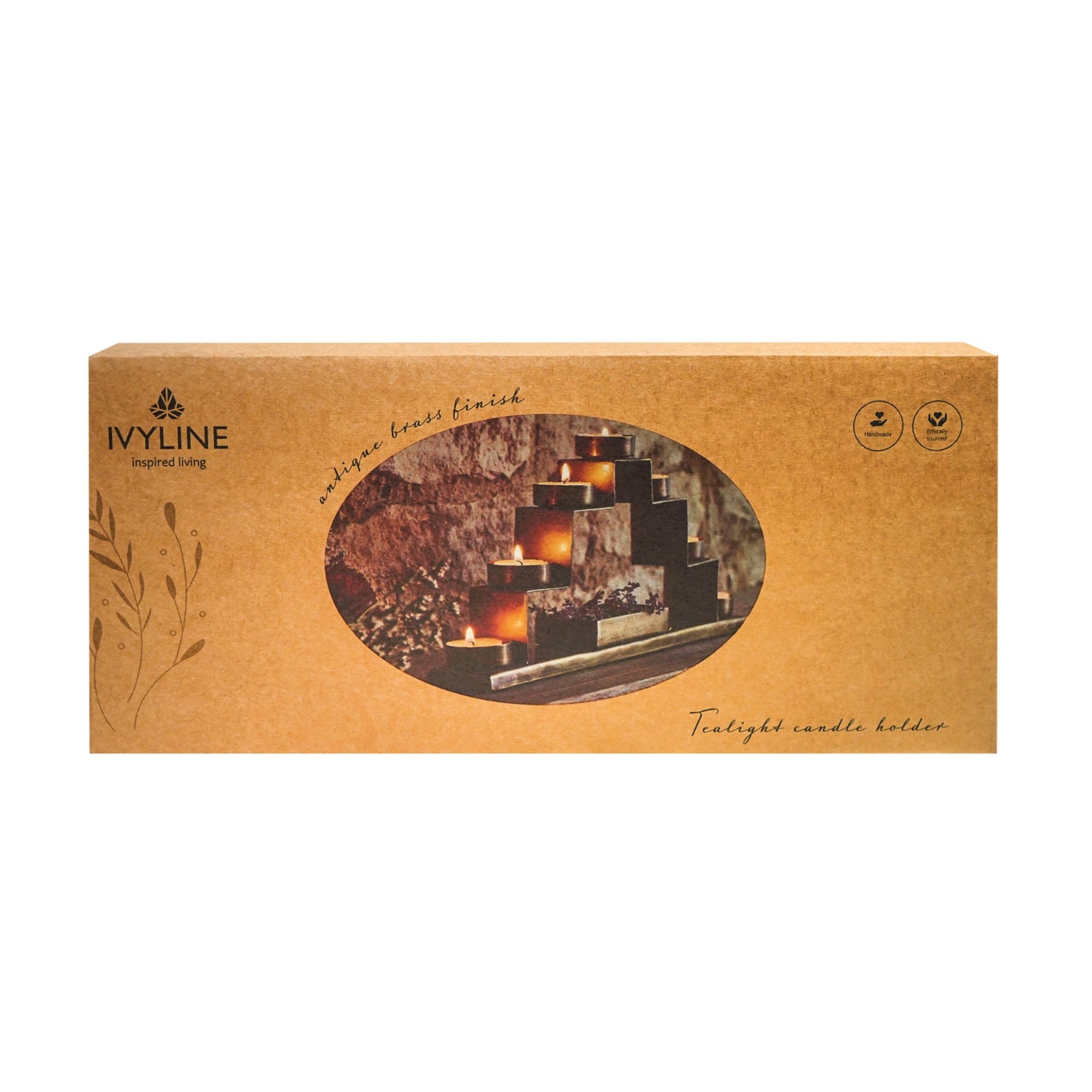 Tealight Candle Holder with Décor Box in Antique Brass