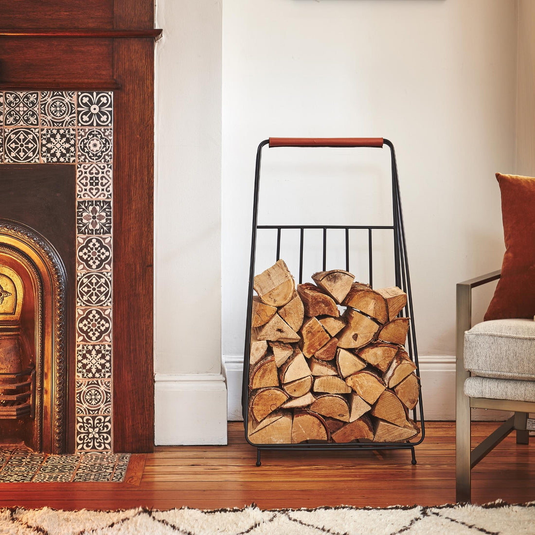 Contempory Leather Handle Log Trolley