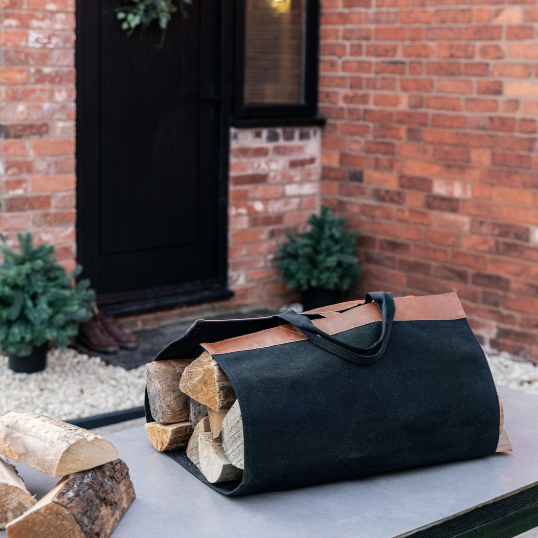 Fabric Log Bag Black with Faux Leather