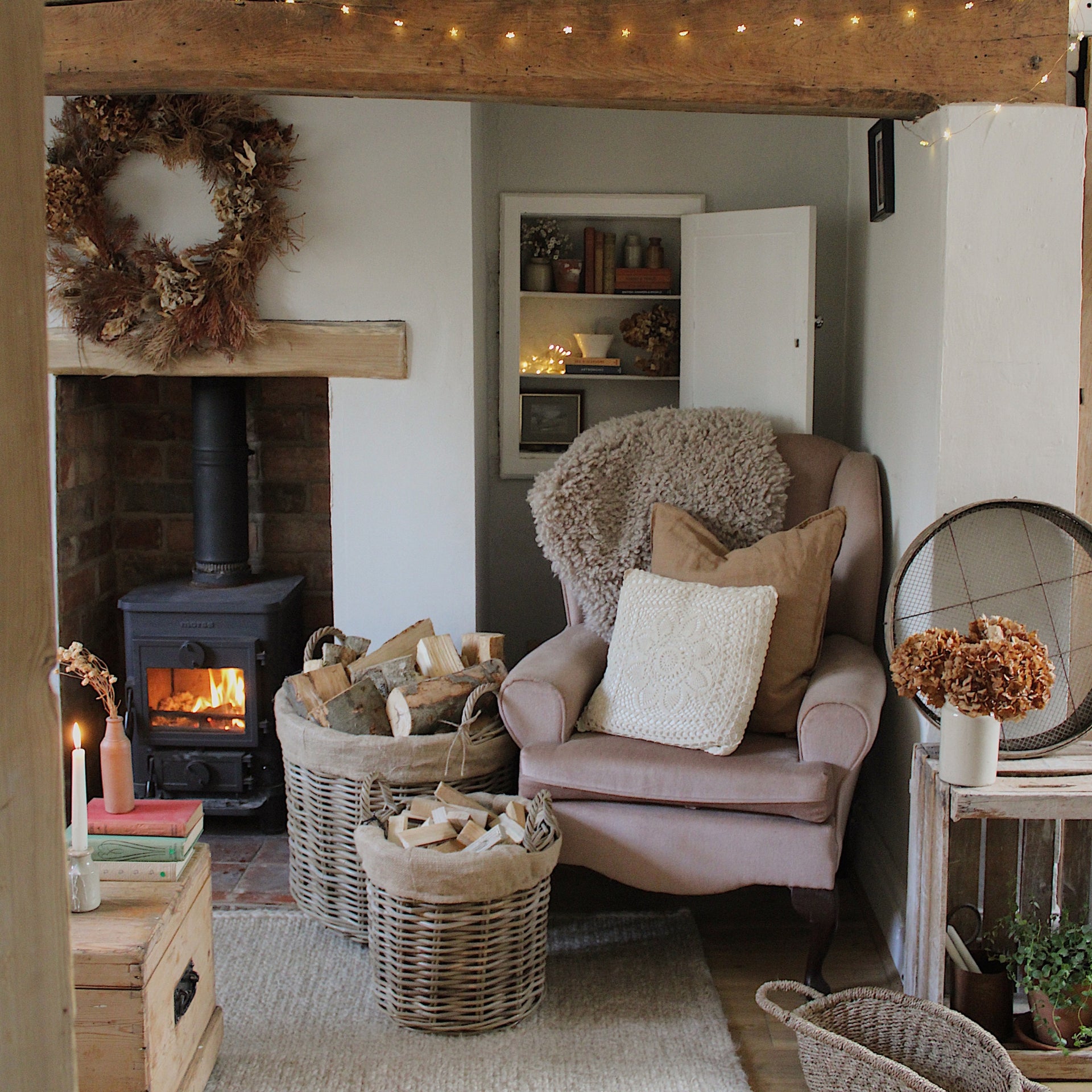 Wicker Log Basket Round Lined Set 2