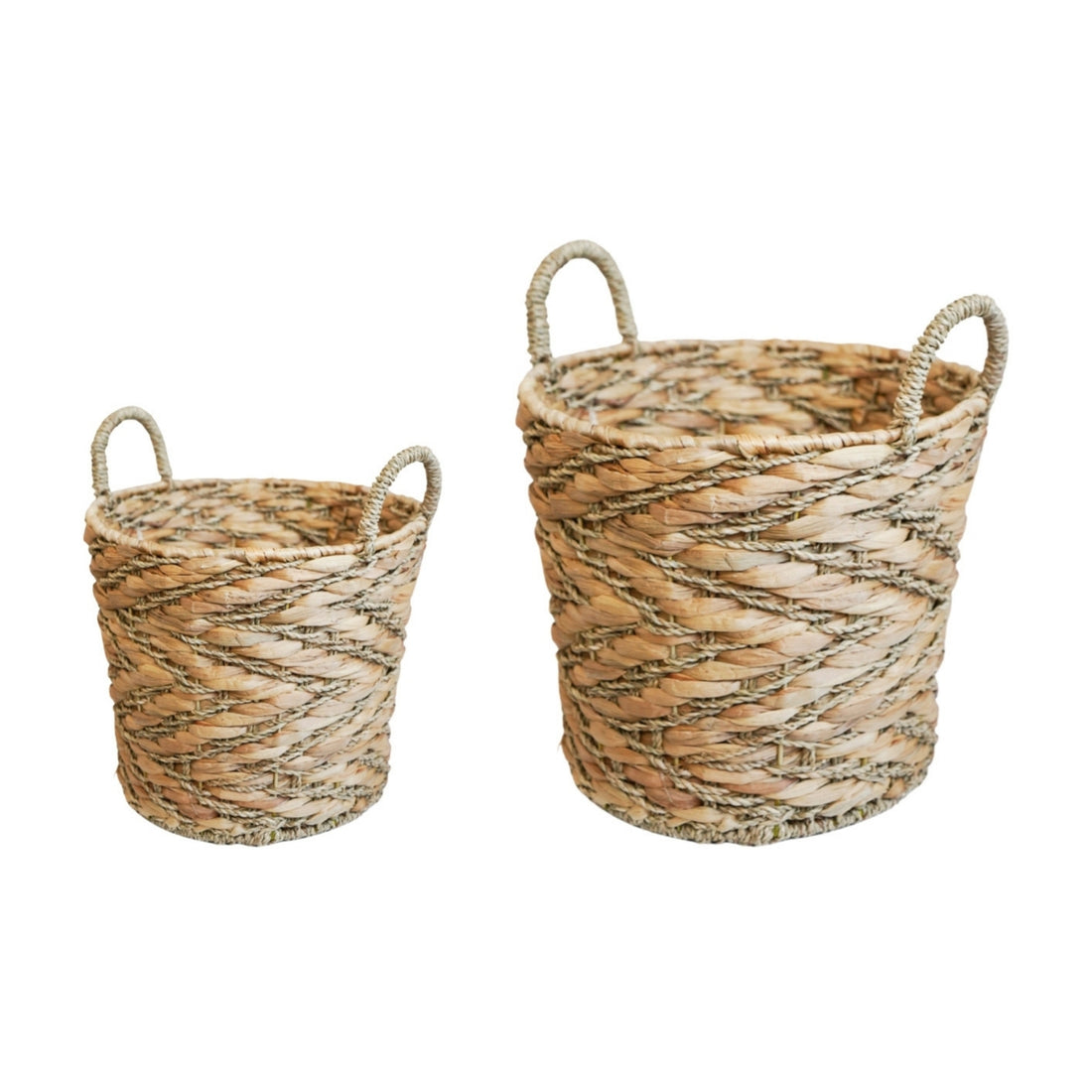 Water Hyacinth Woven Log Basket with Handles Set of 2