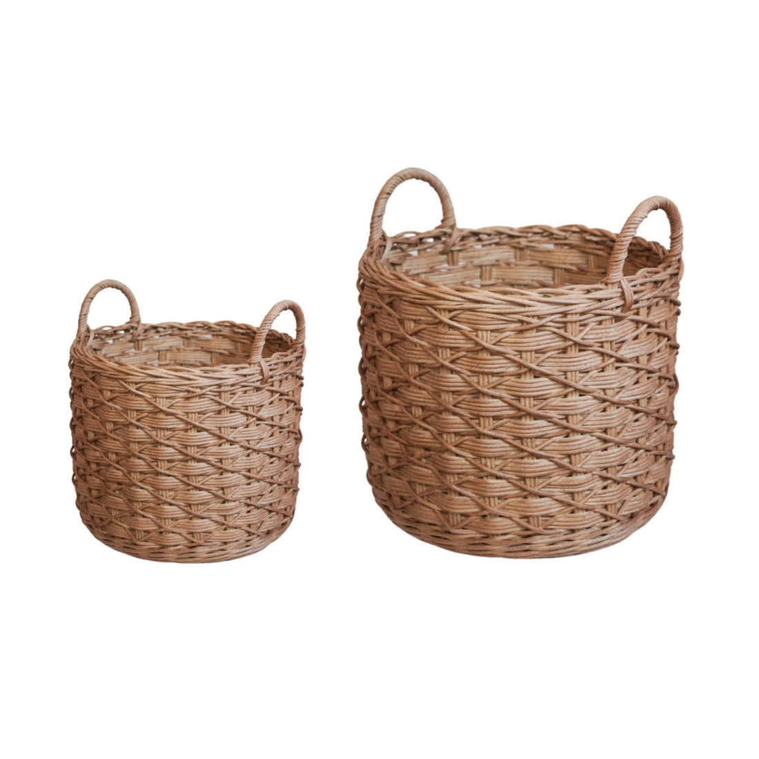 Woven Round Rattan Log Basket with Handles Set of 2
