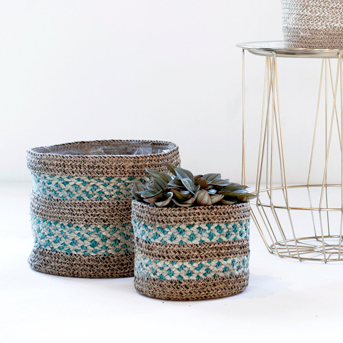 Skalo Seagrass Lined Basket Aqua Set of 3