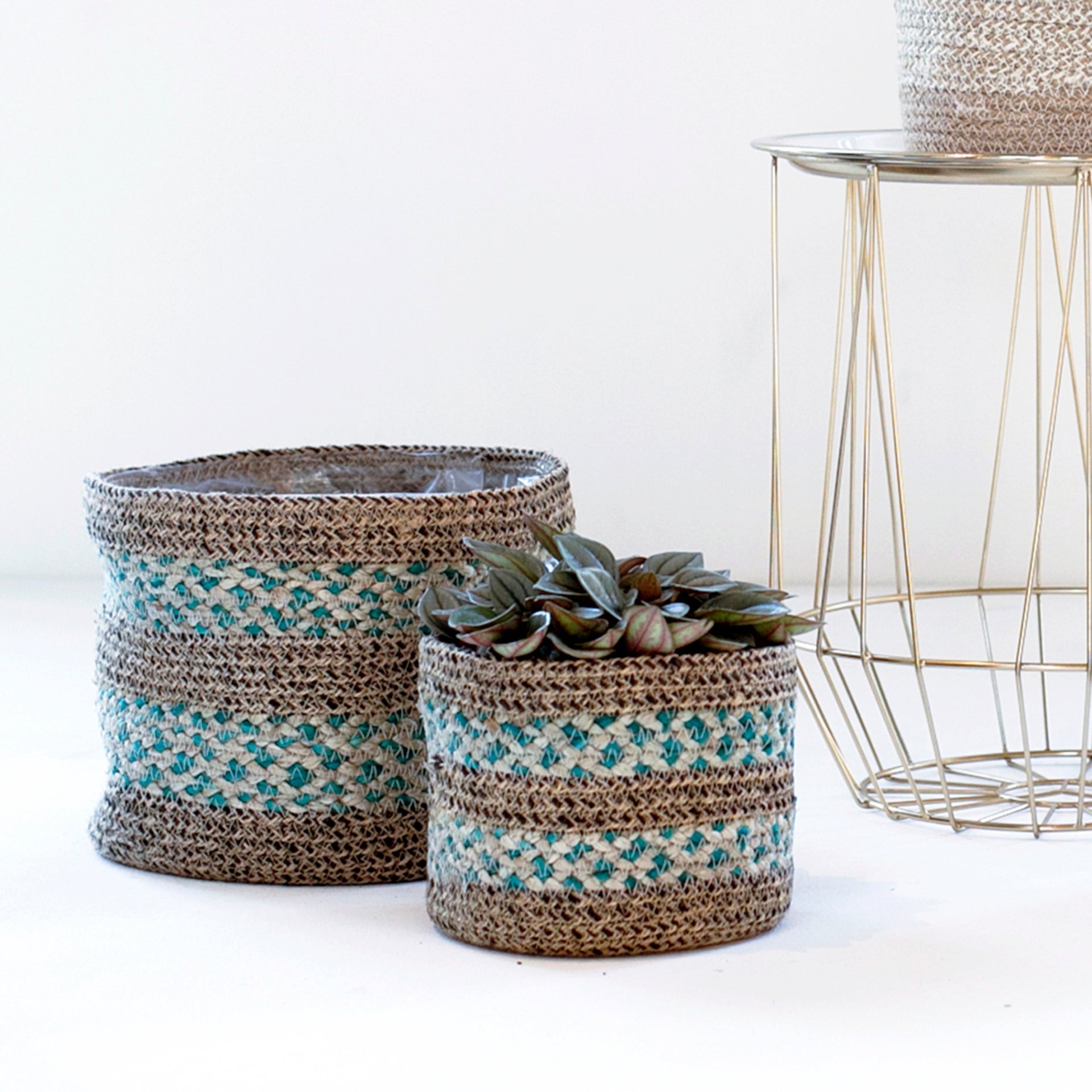 Skalo Seagrass Lined Basket Aqua Set 3