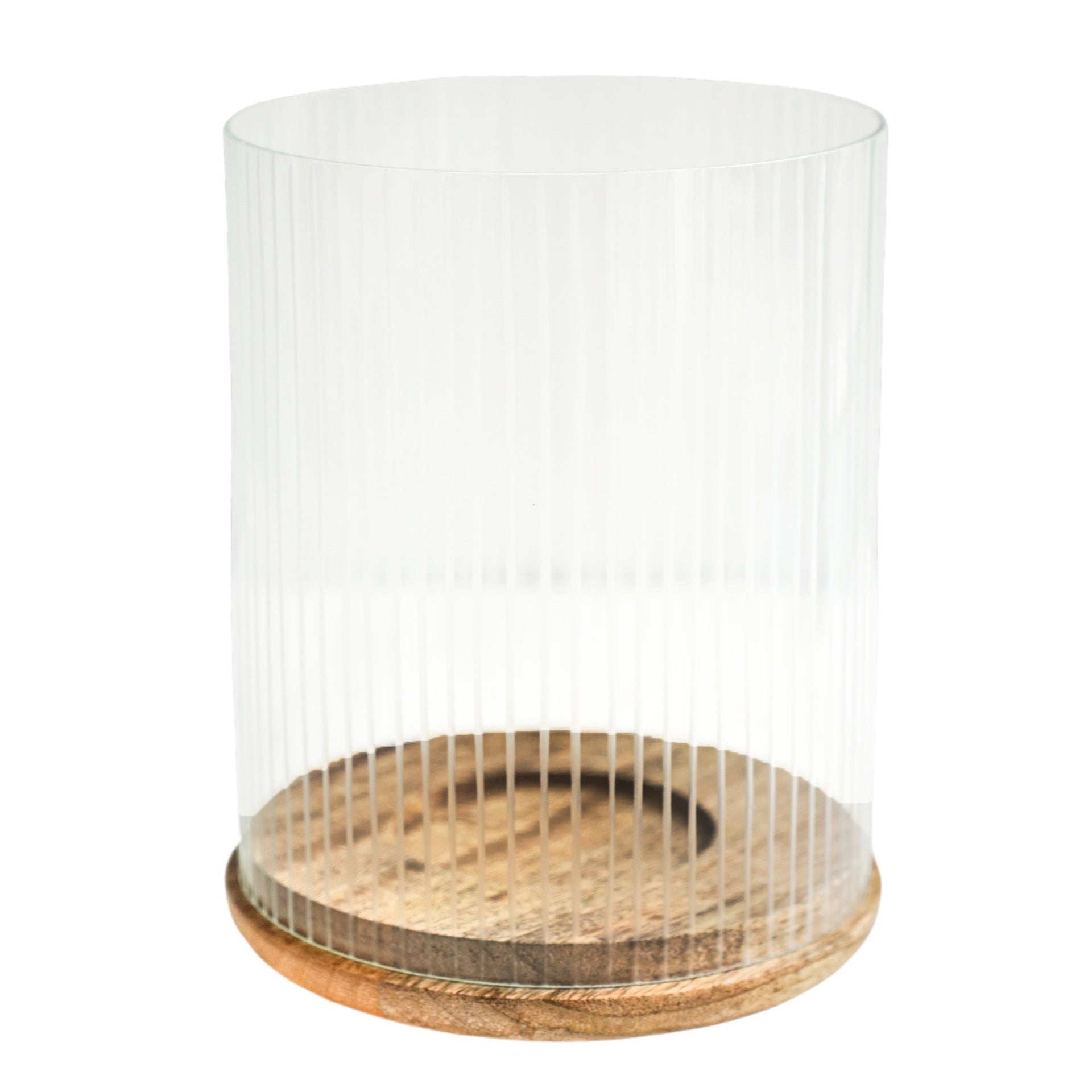 Amelia Ribbed Glass Wooden Candle Holder