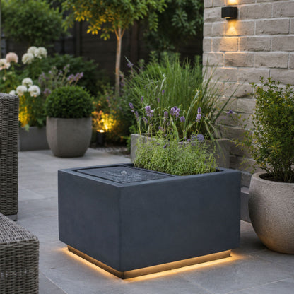 Outdoor Contemporary LED Cube Waterfeature with Planter Cement