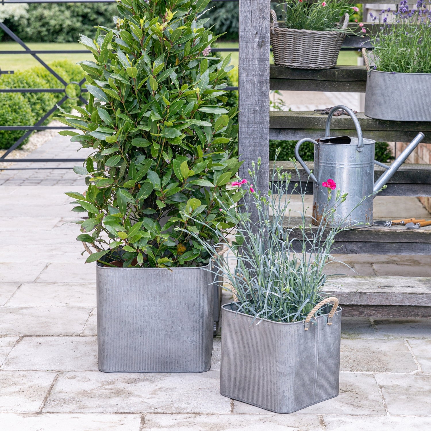 Outdoor Galvanised Rope Handle Square Planter Set of Two