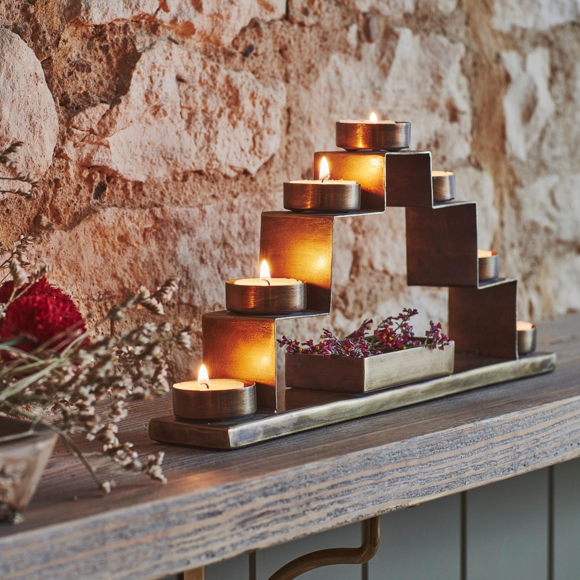 Tealight Candle Holder with Décor Box in Antique Brass