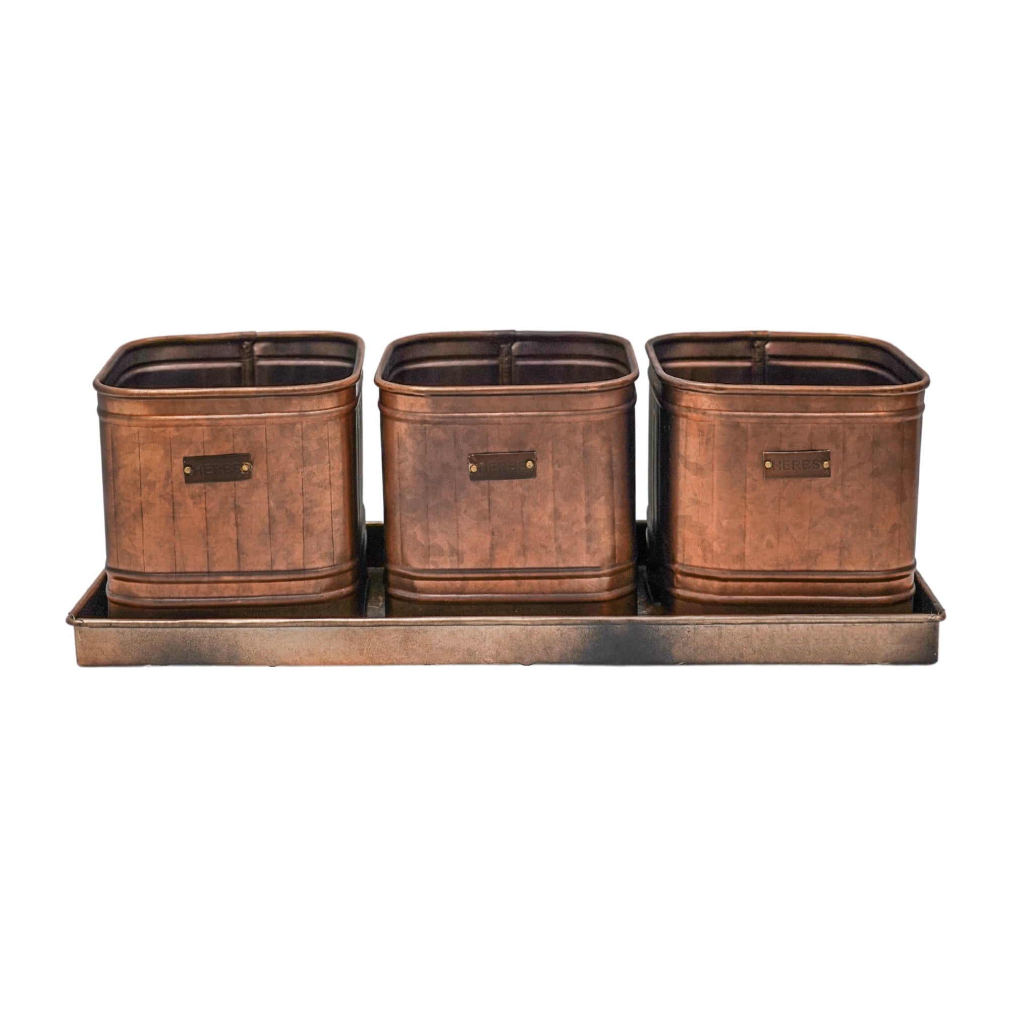 Outdoor Hampton Copper Set of 3 Herb Planters With Tray