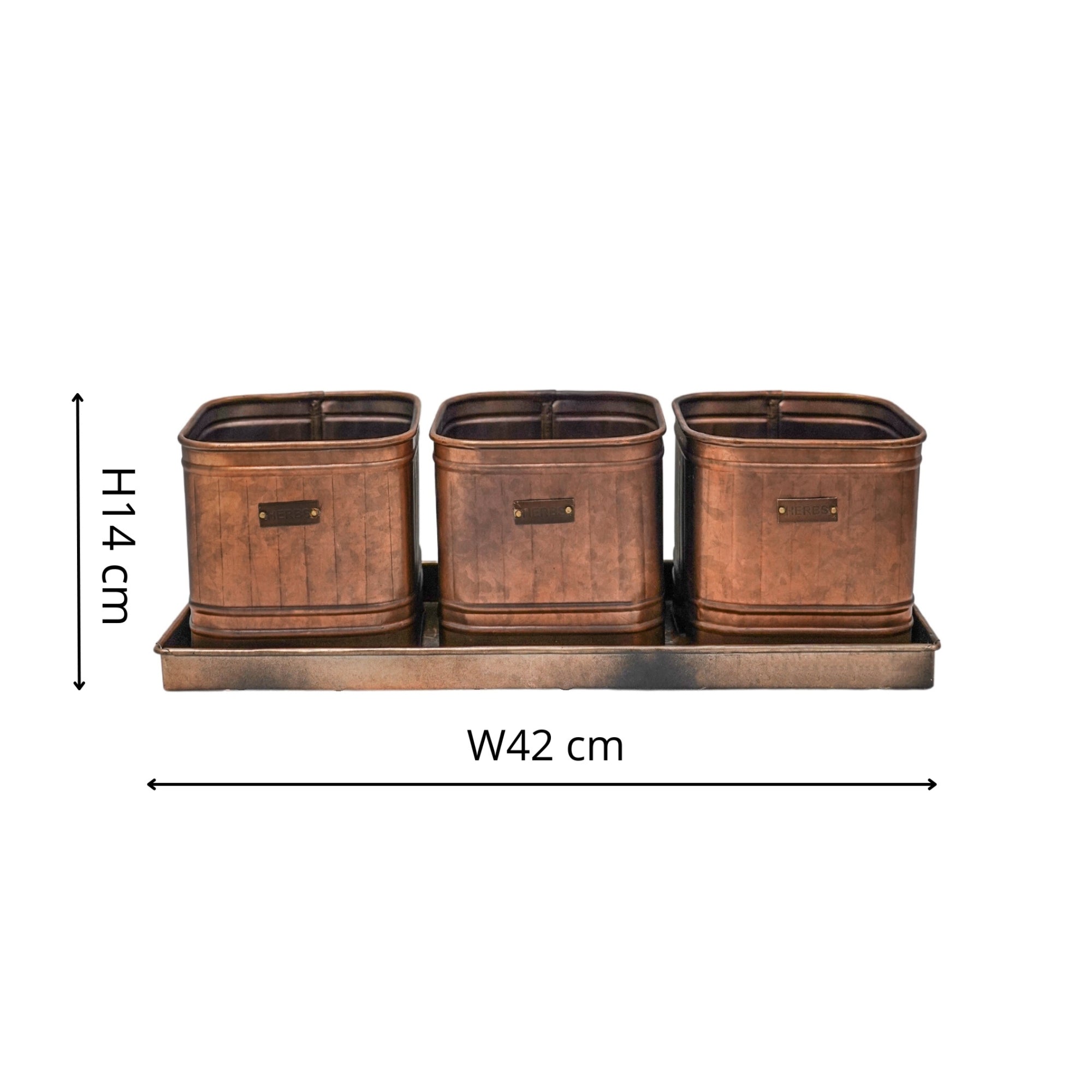 Outdoor Hampton Copper Set of 3 Herb Planters With Tray